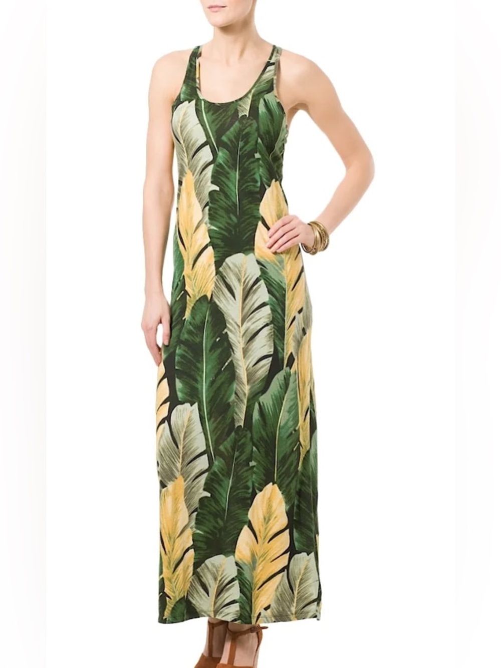 Denim & Supply Ralph Lauren Green and Gold Leaf Racerback Maxi Dress